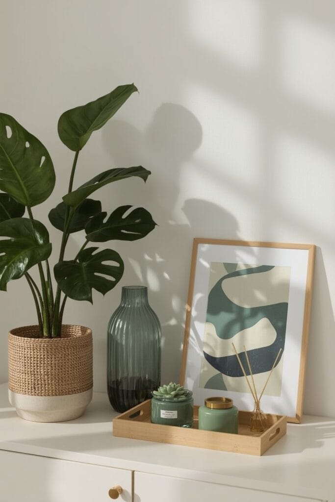 Décoration intérieure avec plantes vertes et accessoires vert sauge, vases, bougies et cadre sur une étagère moderne.