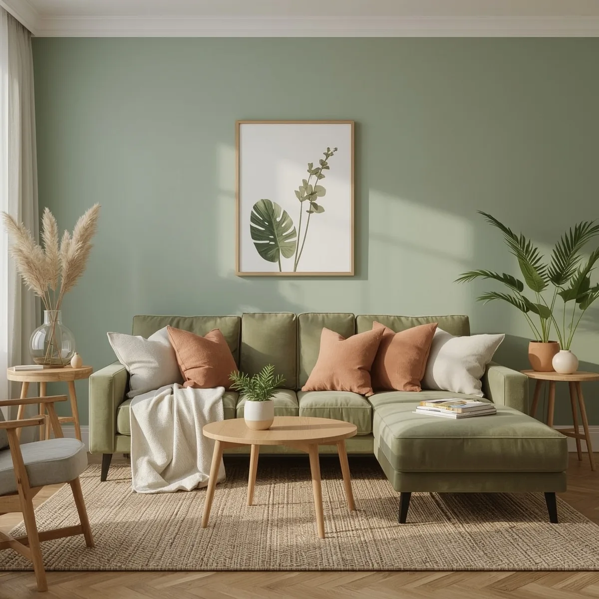 Salon Vert Sauge dans un appartement moderne à l’ambiance cocooning et élégante.