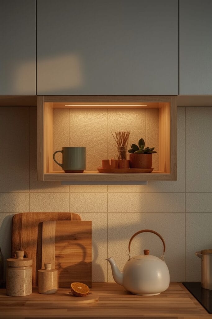 Cuisine cosy et tendance avec tablette d'appoint décorative sous les meubles hauts.