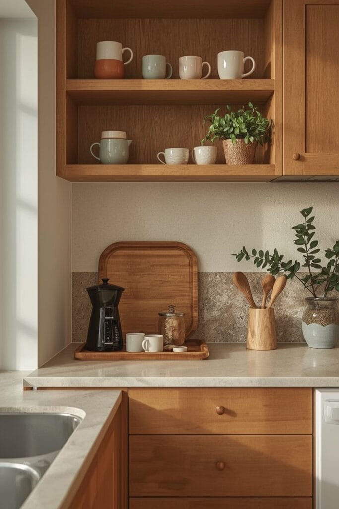Cuisine Tendance avec un coin café cosy aménagé sur une étagère dédiée, présentant mugs, plateau en bois et accessoires, dans une lumière douce.
