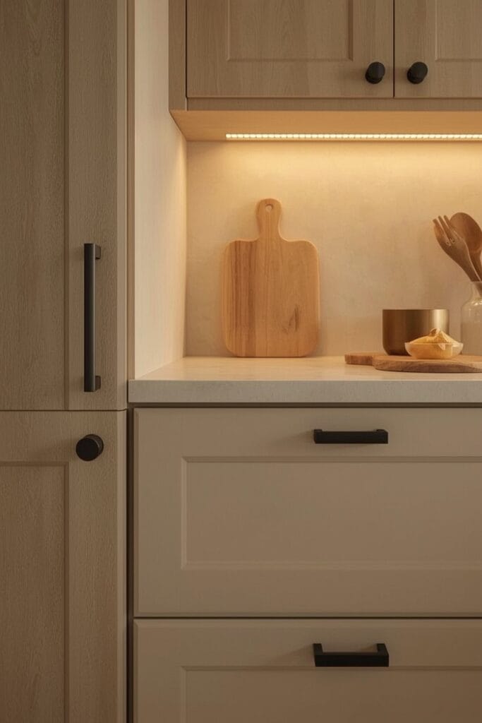 Cuisine Tendance avec des poignées de meuble en noir mat sur des portes en bois clair, éclairées par une lumière chaude.