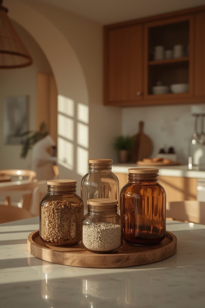 Cuisine Tendance avec des bocaux en verre ambré et transparent organisés sur une étagère en bois, créant un rangement poétique et épuré.