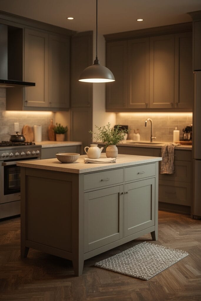 Cuisine Tendance avec un îlot central compact en bois, agrémenté de bols en grès et de plantes aromatiques, dans une ambiance chaleureuse.