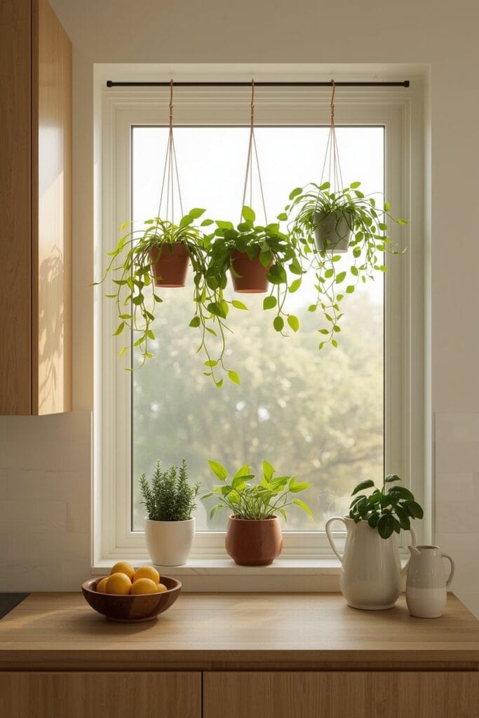 Cuisine Tendance avec jardin suspendu d'herbes aromatiques près de la fenêtre, ambiance vivante et cosy.