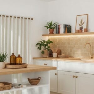 Cuisine Tendance cosy avec îlot en bois, dosseret en zellige, éclairage LED et étagère à livres de recettes