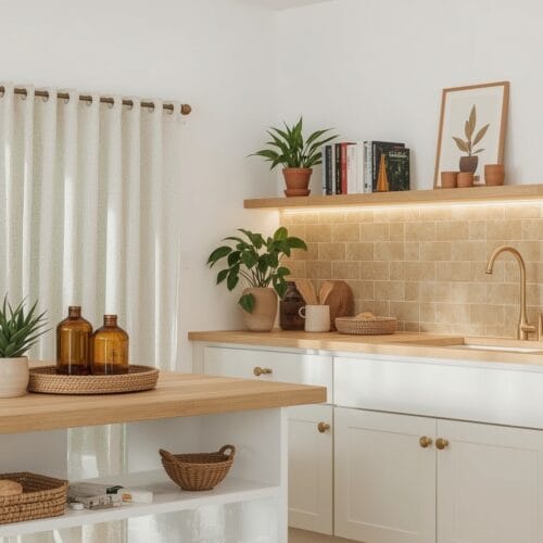 Cuisine Tendance cosy avec îlot en bois, dosseret en zellige, éclairage LED et étagère à livres de recettes