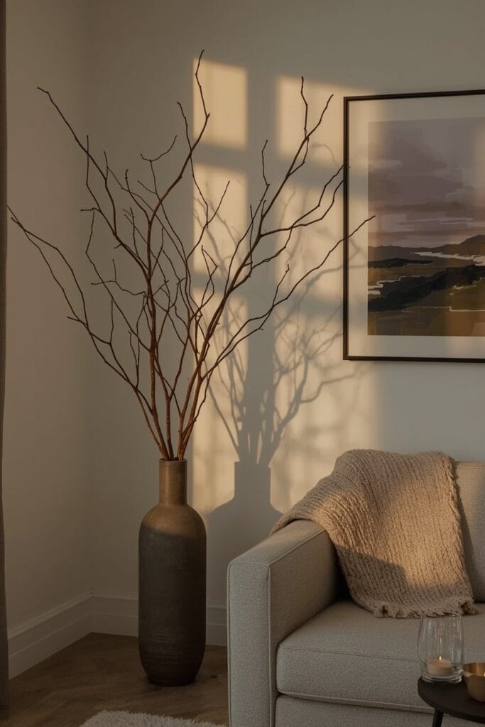Installation verticale de branches séchées dans un vase haut, créant des ombres dansantes au crépuscule dans un intérieur cocooning harmonieux.