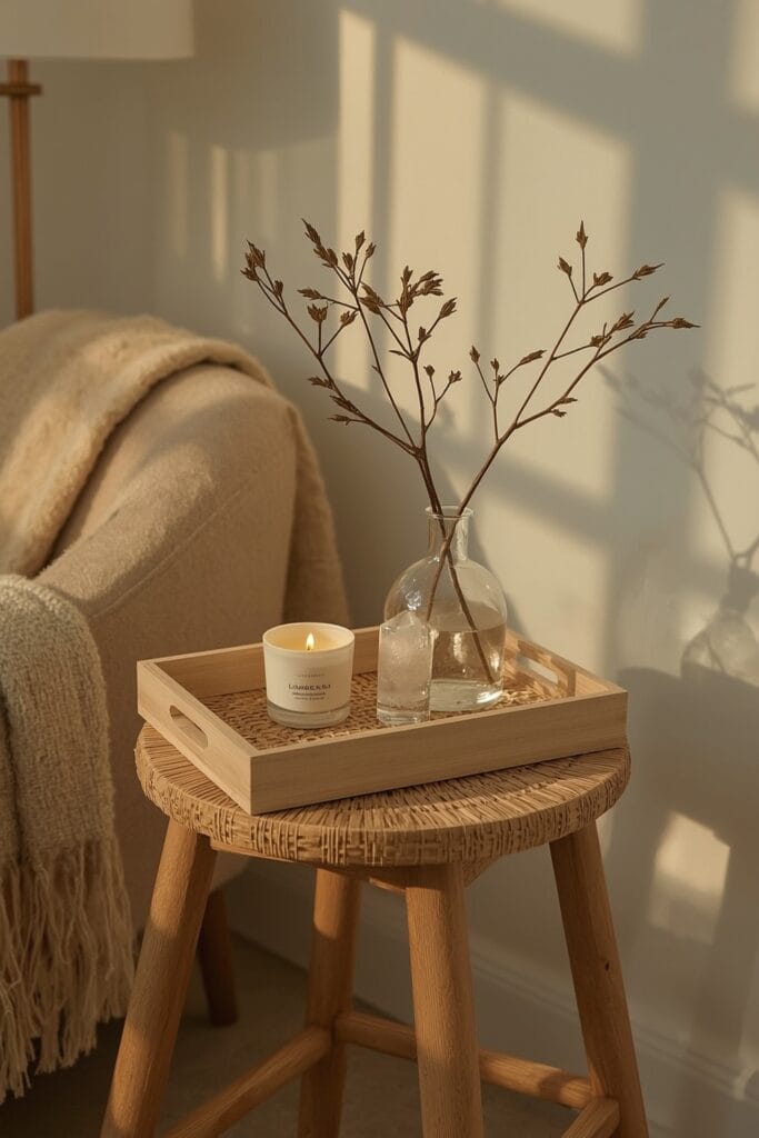 Petit autel de bien-être avec bougie parfumée, cristal poli et vase avec branche sèche, espacés sur un plateau, éclairé par le crépuscule dans un intérieur cocooning.