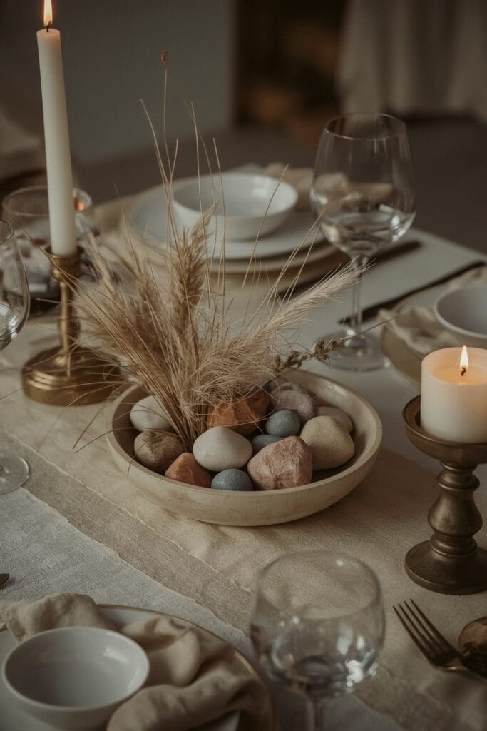 Centre de table minéral et végétal cocooning avec galets peints, herbes séchées et bougie, dans une ambiance chaleureuse de crépuscule.