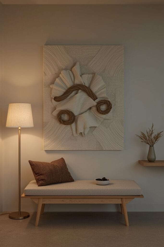 Fresque murale en textures naturelles (lin, corde, fibres) dans une entrée cocooning, mise en lumière douce au crépuscule.