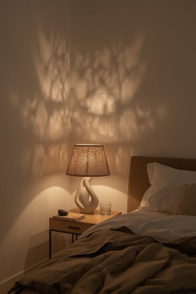 Jeu d'ombres et de lumières créé par une lampe sculpturale sur un mur, dans un coin chambre cocooning en soirée.