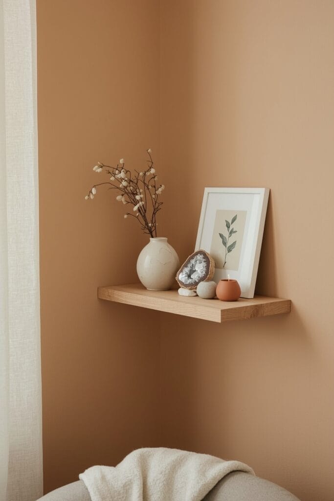 Étagère flottante présentant une collection d'objets poétiques (céramique, sculpture miniature, pierres) dans un intérieur cocooning.