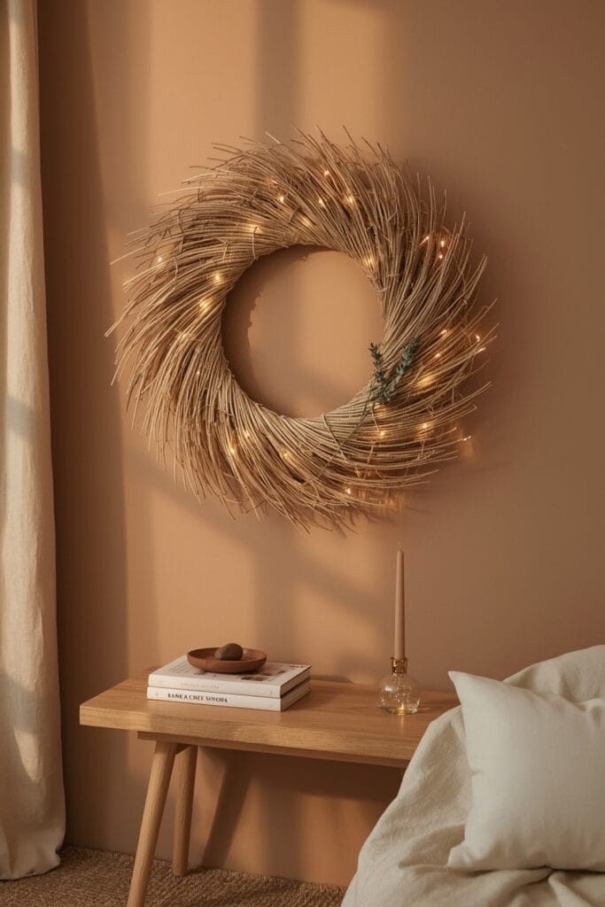 Couronne murale en fibres naturelles tressées, ornée de lumières discrètes, sur un mur au crépuscule dans un intérieur cocooning.