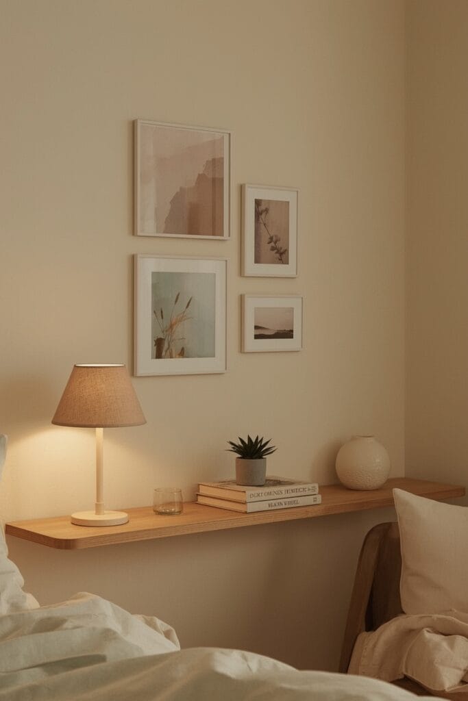 Galerie murale de photos pastel éclairée par une lampe douce en soirée, dans un intérieur cocooning.