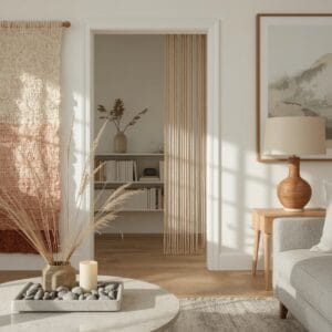 Un sanctuaire cocooning illustrant plusieurs idées de déco : centre de table minéral, fresque murale textile, bibliothèque en dégradé, rideau de perles en bois, autel de bien-être et jeu d'ombres lumineuses.