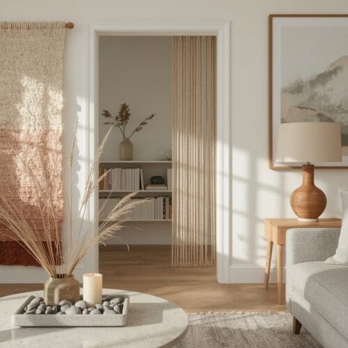 Un sanctuaire cocooning illustrant plusieurs idées de déco : centre de table minéral, fresque murale textile, bibliothèque en dégradé, rideau de perles en bois, autel de bien-être et jeu d'ombres lumineuses.