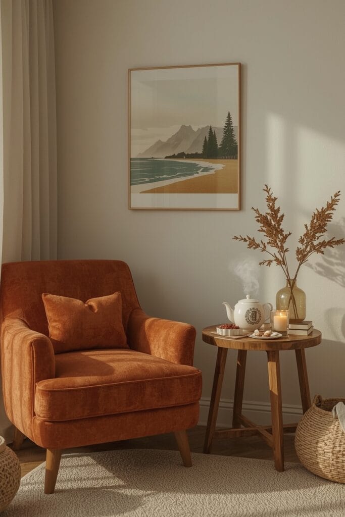 Coin cocoon avec un mini-salon de thé : fauteuil enveloppant, desserte en bois, théière en céramique, gourmandises, bougie et plaid doux, dans une lumière chaude de début de soirée.