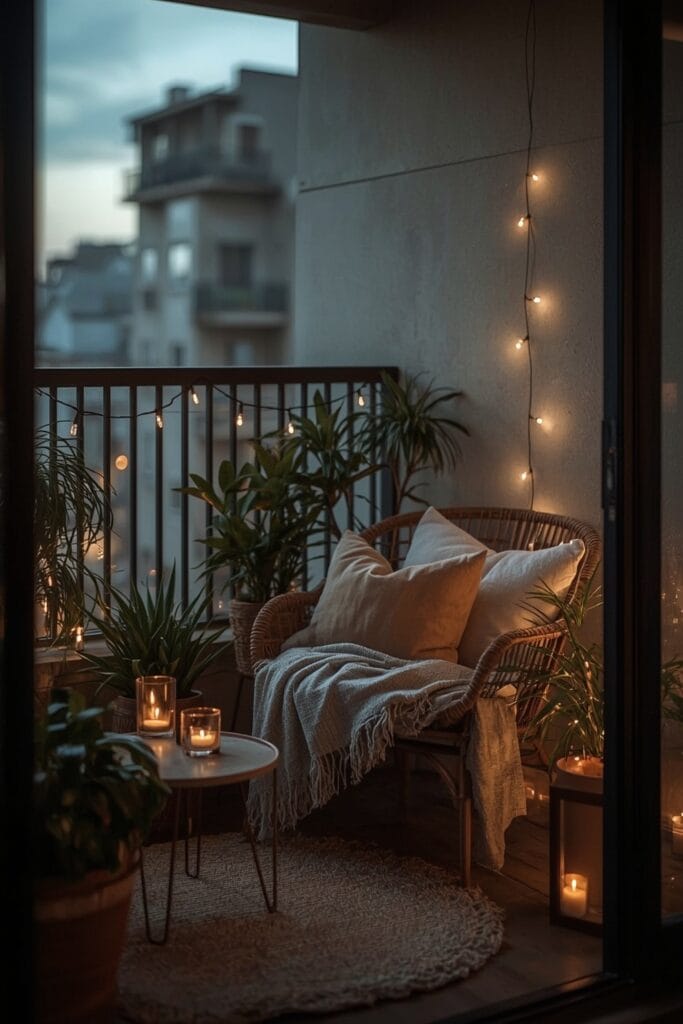 Petite terrasse d'appartement cocoonée avec guirlandes lumineuses, coussins, plaid et plantes en pots, au début de soirée.