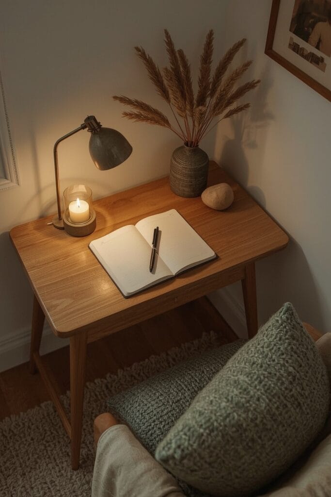 Espace d'écriture intime et cocoon avec bureau, carnet, bougie, déco inspirante et tapis feutré dans un appartement.