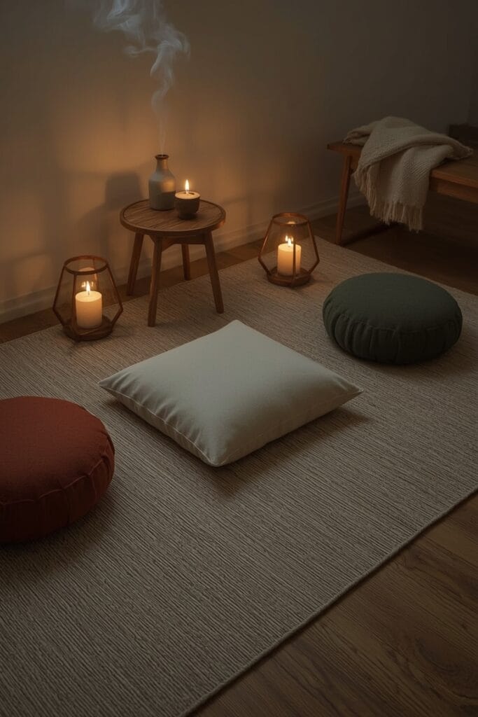 Espace cocoon de méditation au sol avec tapis épais, coussins moelleux, lanternes, encens et diffuseur d'huiles essentielles, dans une lumière douce de début de soirée.