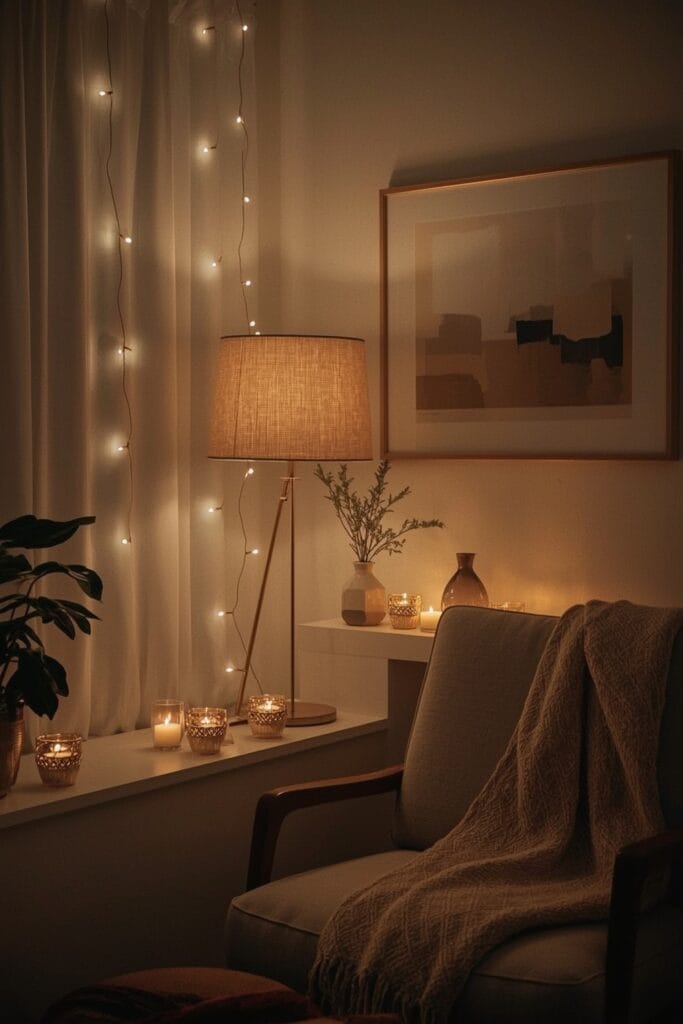 Coin cocoon avec une lumière douce, mettant en scène des lampes basses, des guirlandes chaudes et des photophores pour créer une ambiance enveloppante et apaisante le soir.