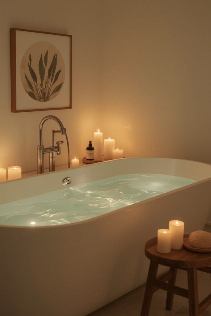 Baignoire cocoon transformée en havre de paix avec eau chaude, vapeur, bougies, et accessoires en bois naturel, dans une lumière douce de soirée.