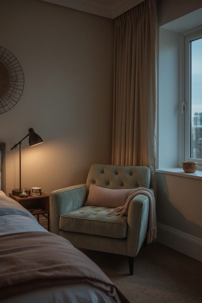 Coin cocoon de repos avec fauteuil moelleux, lampe, plaid et coussins dans une chambre au crépuscule.