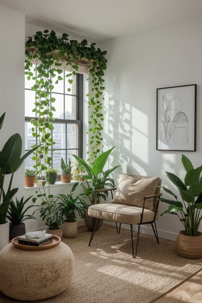 Cocoon végétal dans un appartement avec plantes tombantes, pots en céramique et panier en osier, baigné de lumière matinale.