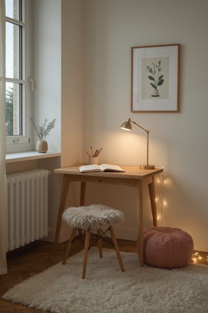 Coin cocoon créatif et apaisant dans un appartement avec un petit bureau, des fournitures artistiques, un tapis doux et une lumière douce au crépuscule.