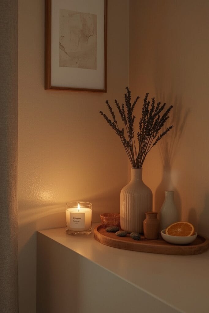 Mini sanctuaire olfactif cocoon dans un appartement avec bougie, diffuseur d'huiles, plantes séchées et accessoires, dans une lumière douce de crépuscule.
