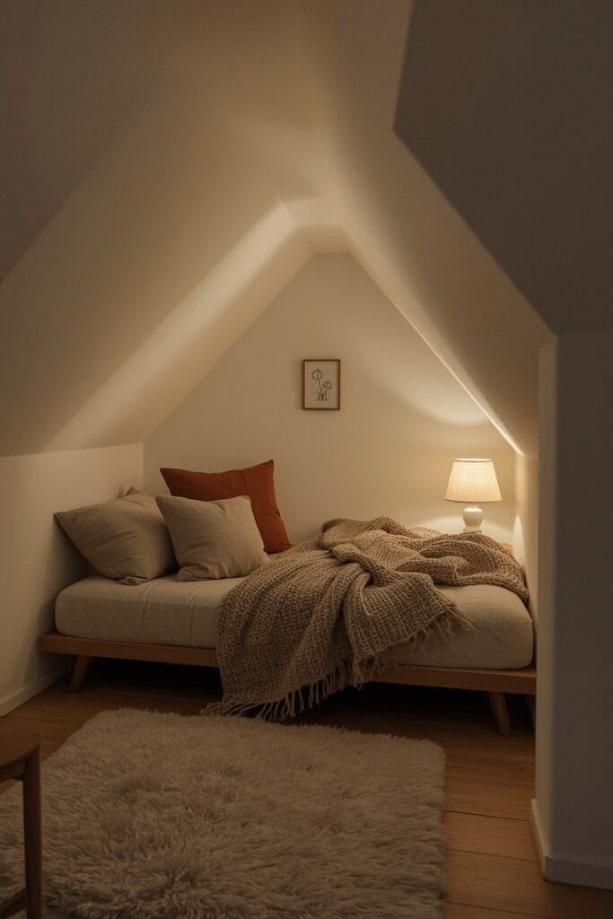 Nid cocoon sous les combles d'un appartement avec un lit bas, des coussins moelleux, un plaid et une lumière douce en début de soirée.