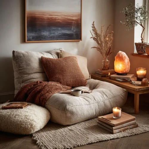 Un coin cocoon ultime pour le bien-être, intégrant un fauteuil moelleux, une table basse avec thé, un coussin de méditation, une lampe de sel, des guirlandes lumineuses et une décoration harmonieuse aux couleurs chaleureuses.