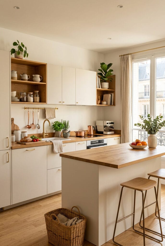 Meubles blancs bois clair osier et laiton dans une cuisine tendance cosy