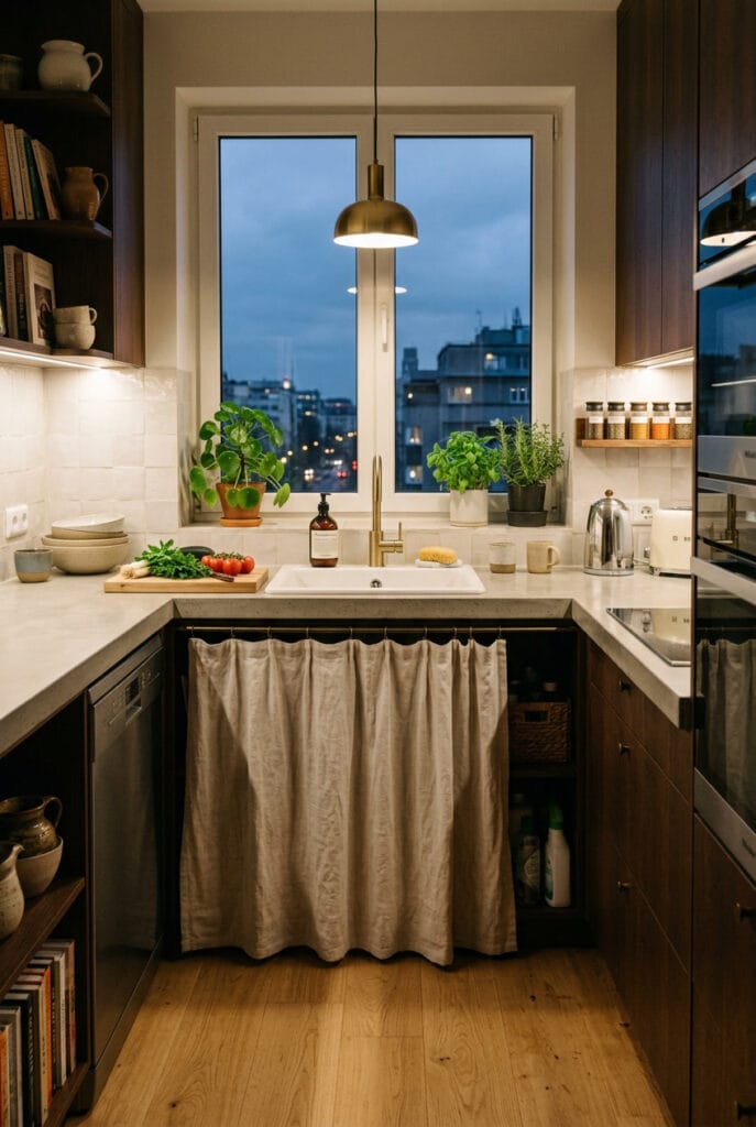 Rideau lin écru sous évier dans une cuisine tendance douce