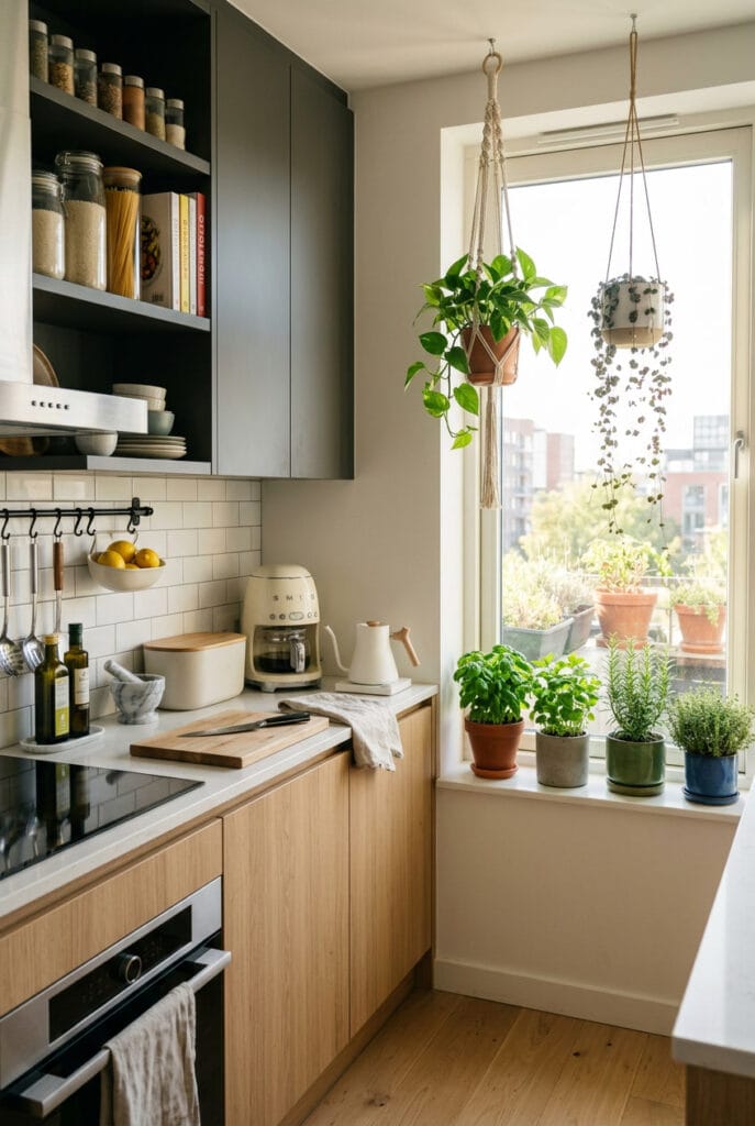 Plantes suspendues et herbes aromatiques dans une cuisine tendance vivante et naturelle