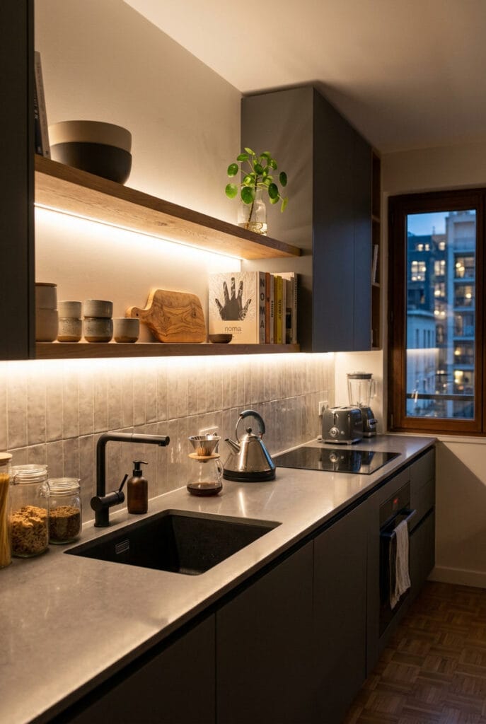 Halo lumineux LED sous plan de travail dans une cuisine tendance chaleureuse et tamisée