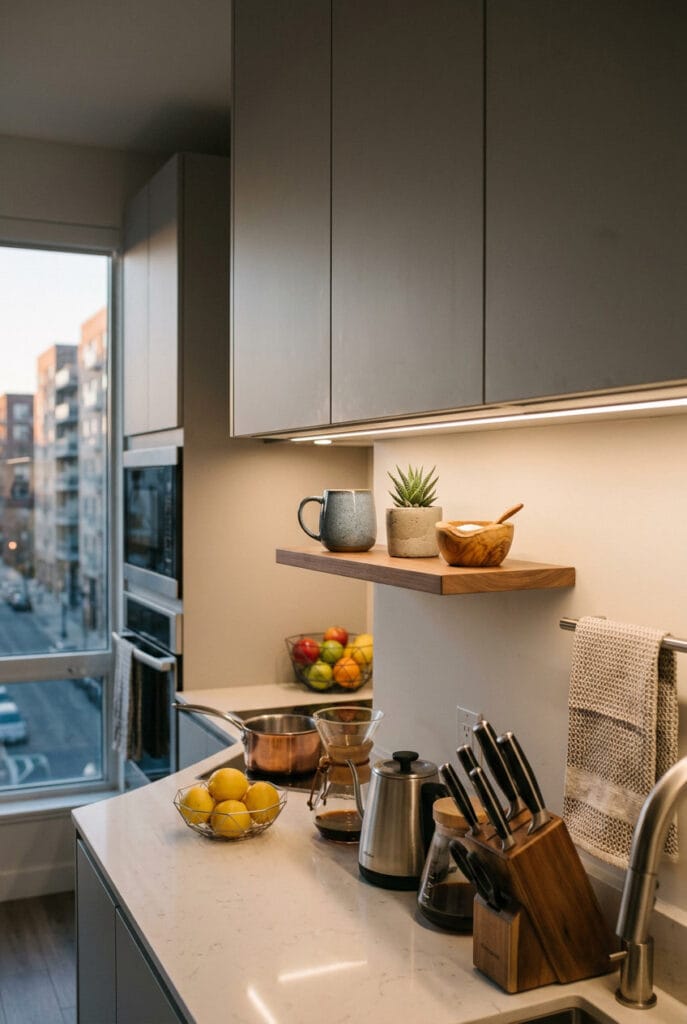 Tablette d'appoint sous meubles hauts avec objets du quotidien dans une cuisine tendance