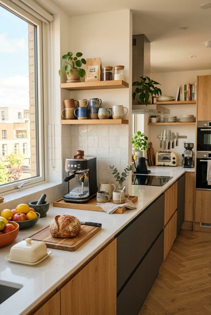 Coin café cosy avec mugs et plateau bois dans une cuisine tendance chaleureuse