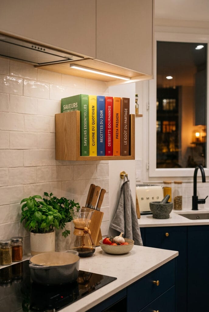 Mini bibliothèque livres de cuisine sur niche murale dans une cuisine tendance chaleureuse