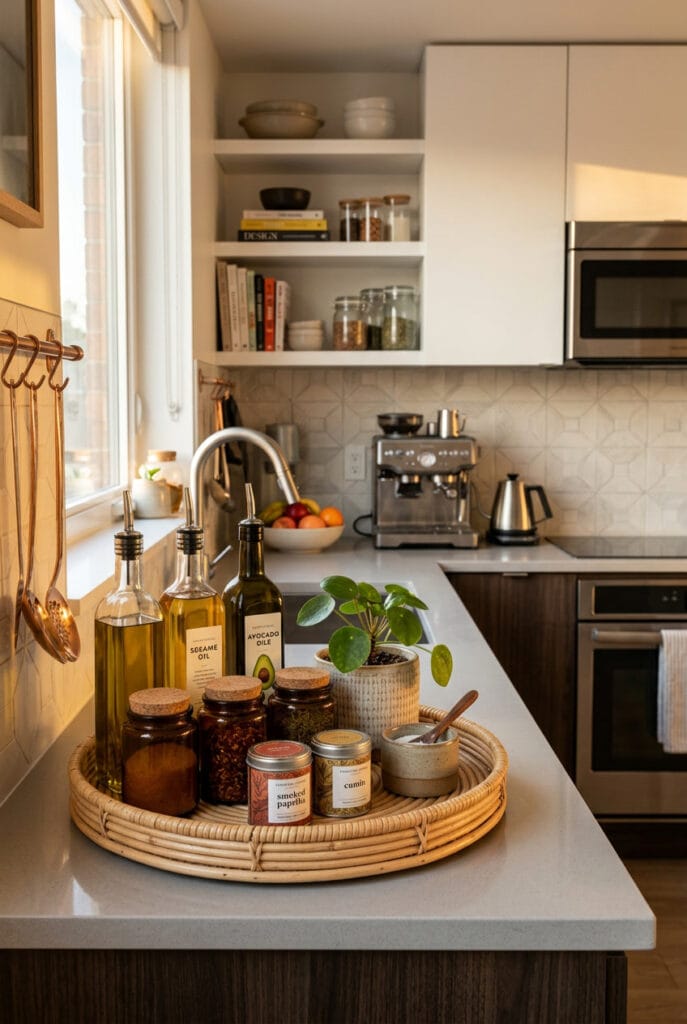 Plateau rotin et bocaux ambrés dans une cuisine tendance chaleureuse