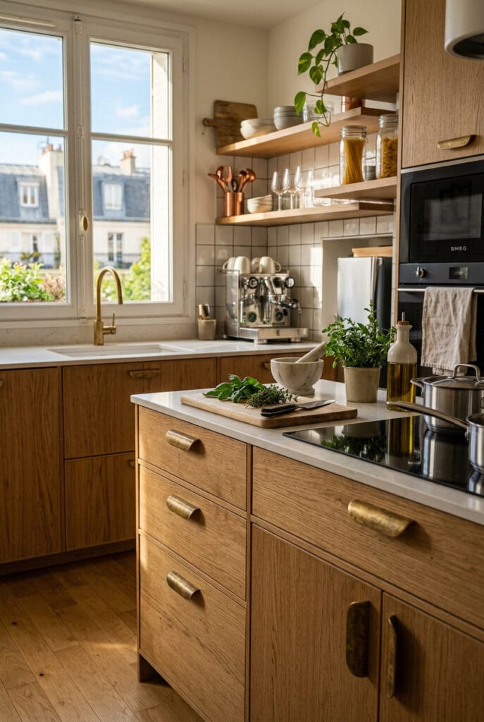 Poignées laiton vieilli sur meubles clairs dans une cuisine tendance chaleureuse