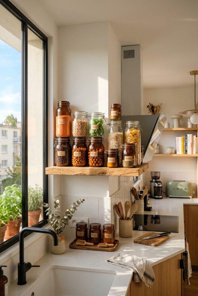 Rangement bocaux verre ambré étagère bois cuisine tendance chaleureuse