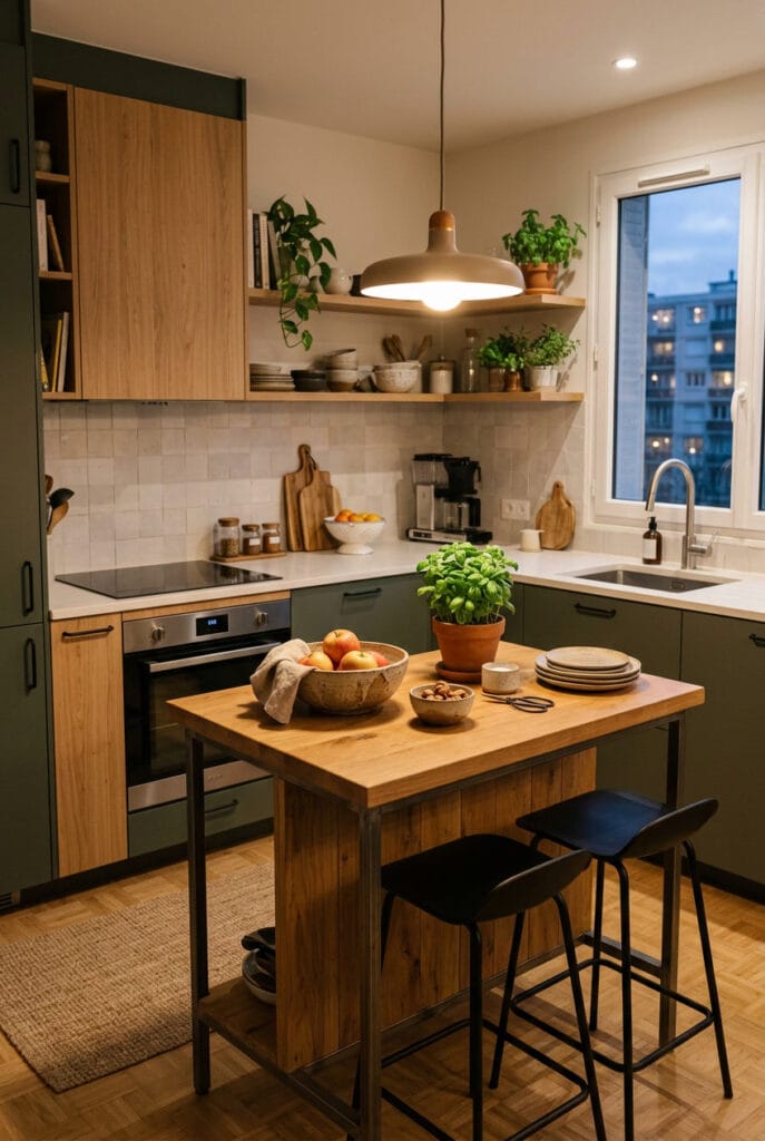 Mini îlot central en bois dans une cuisine tendance chaleureuse et conviviale