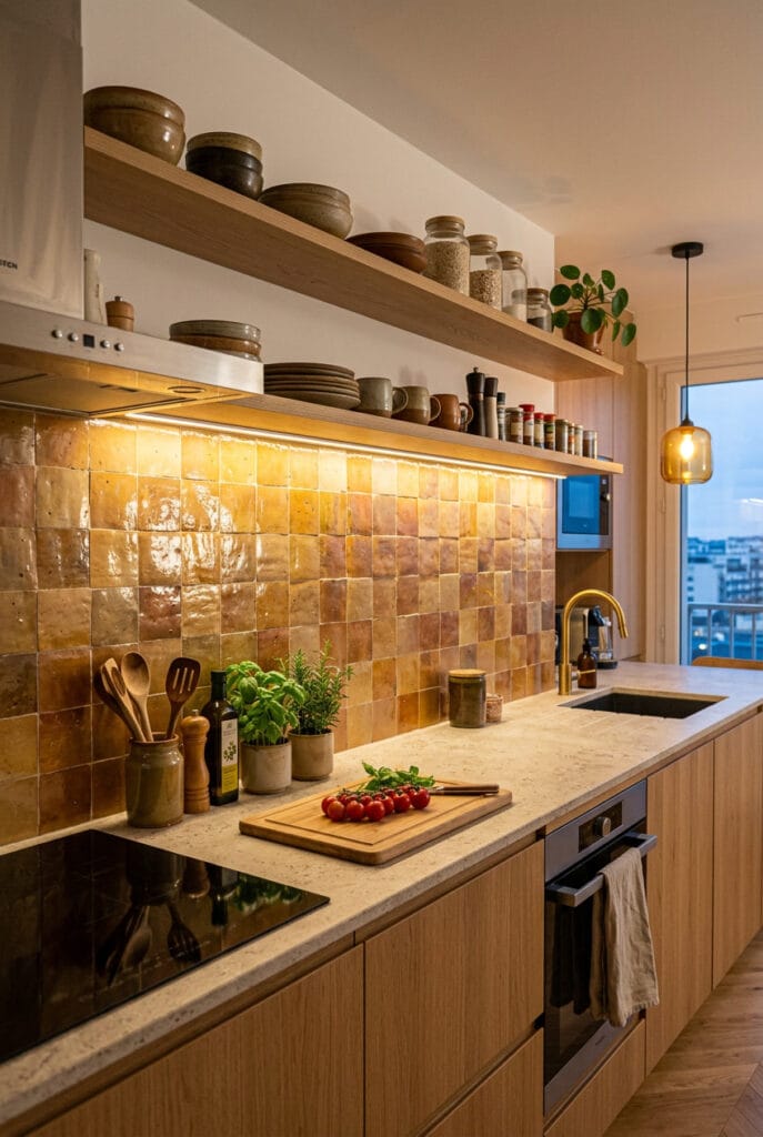 Carrelage zellige miel et bois clair dans une cuisine tendance cosy et lumineuse