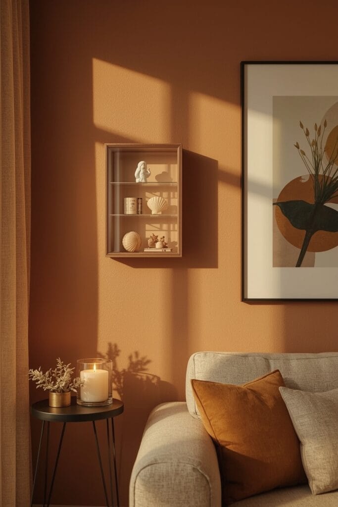 Mini-vitrine murale moderne exposant des objets souvenirs dans un salon décoré avec style, idée deco salon.