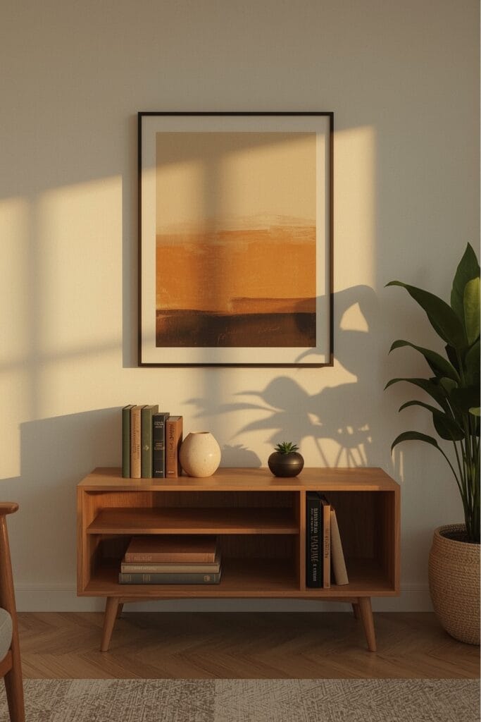 Petite bibliothèque basse décalée sous un tableau abstrait dans un salon à l'heure dorée, idée deco salon.