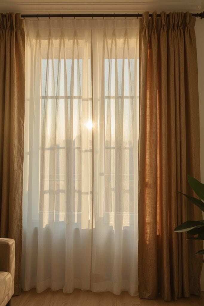 Superposition de rideaux en voilage léger et tissu épais à une fenêtre de salon, filtrant la lumière dorée, idée deco salon.