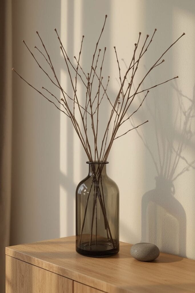 Vase en verre fumé avec branches sèches sur une console dans un salon d'appartement cosy, idée deco salon.