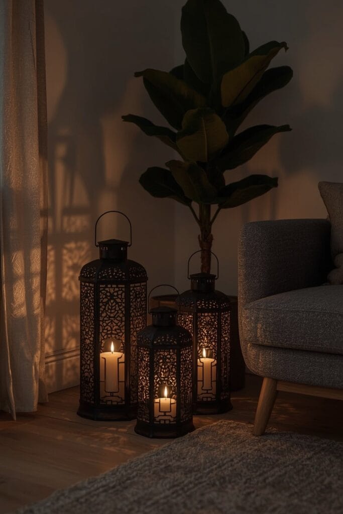 Groupe de lanternes en métal noir allumées dans un coin de salon d'appartement le soir, idée deco salon.