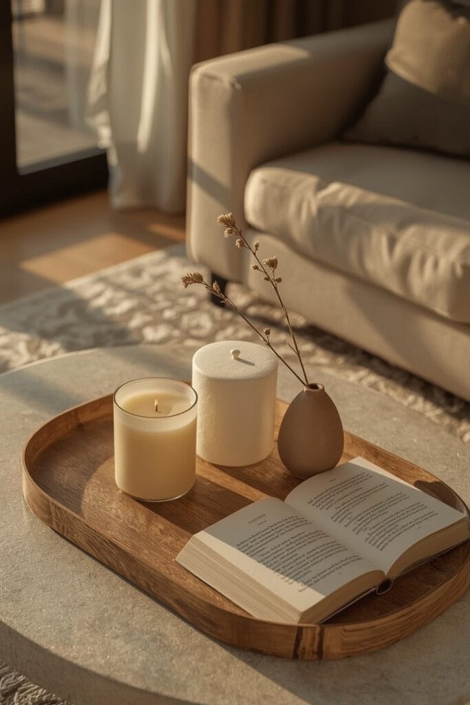 Scène décorative avec bougie, vase et livre ouvert sur un meuble bas dans un salon à l'heure dorée, idée deco salon.